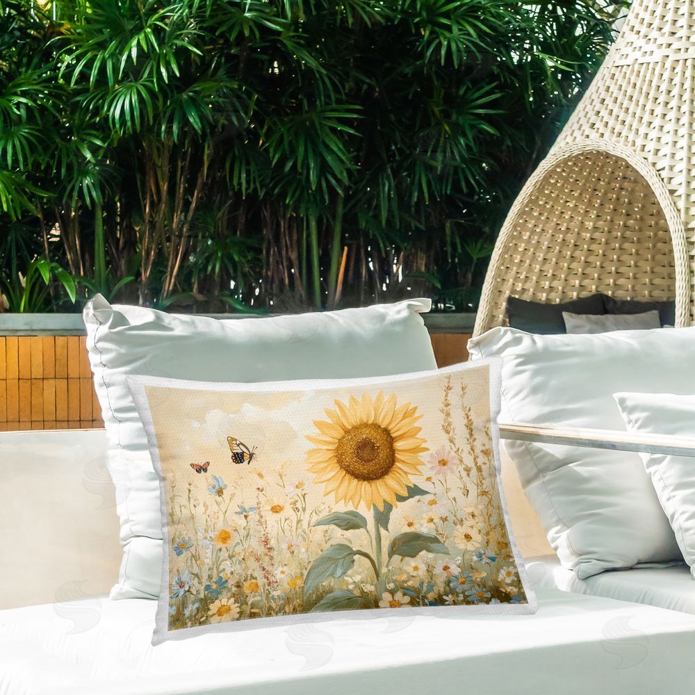 Petal Prints Design Sunflower Wonder Floral Meadow Outdoor Printed Throw Pillow on Patio