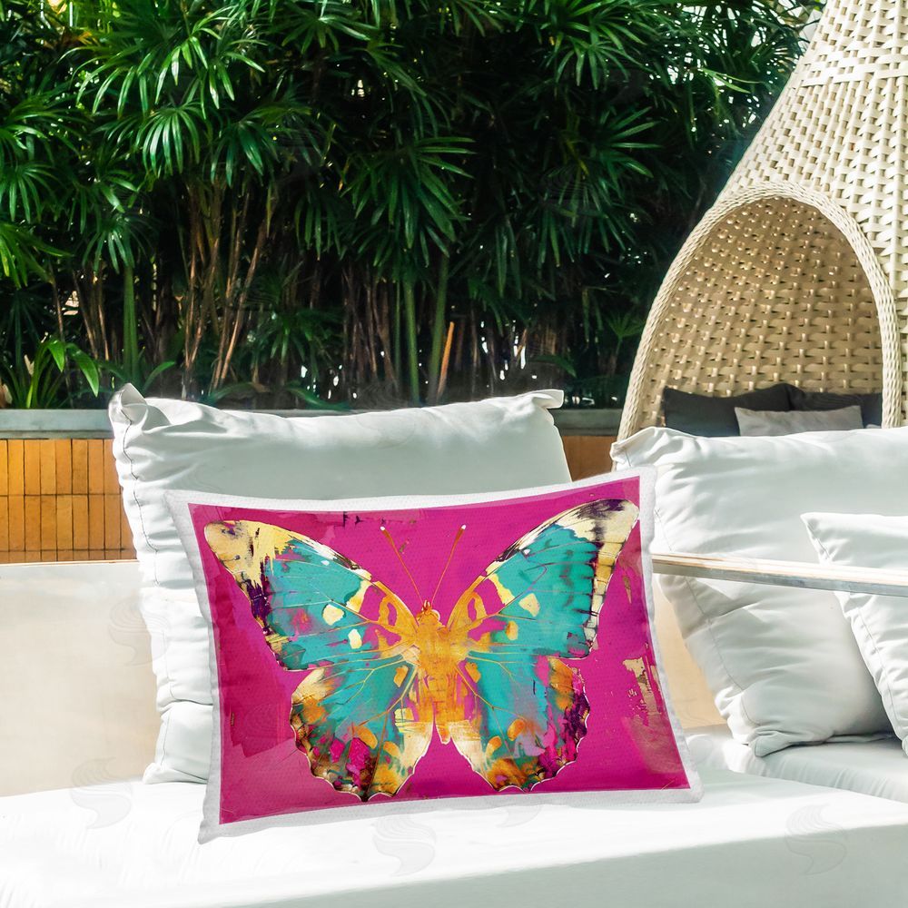 LSR Design Studio Jewel Butterfly over Pink Outdoor Printed Throw Pillow on Patio