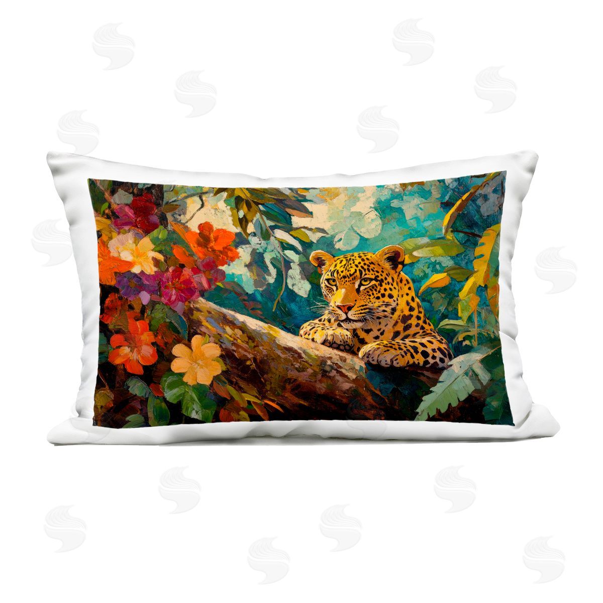 Petal Prints Design Perched Above Jungle Cat Outdoor Printed Throw Pillow