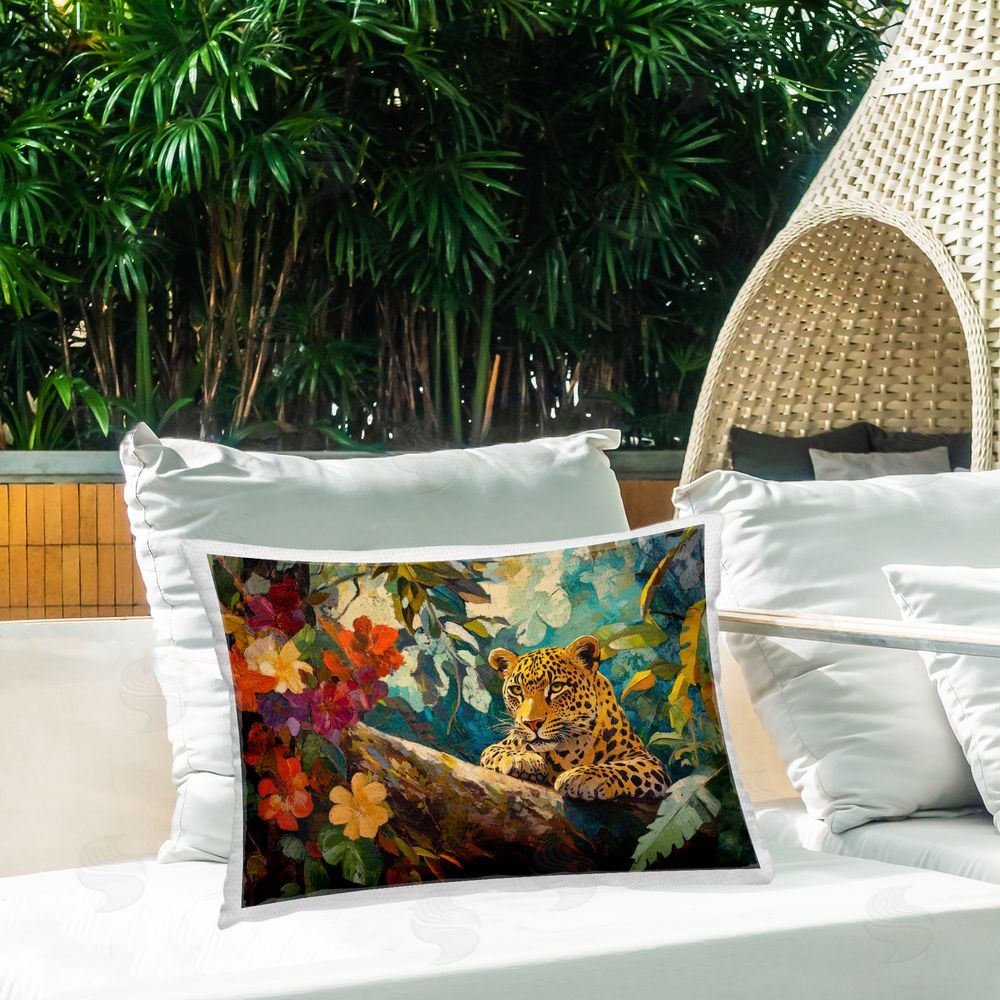 Petal Prints Design Perched Above Jungle Cat Outdoor Printed Throw Pillow on Patio