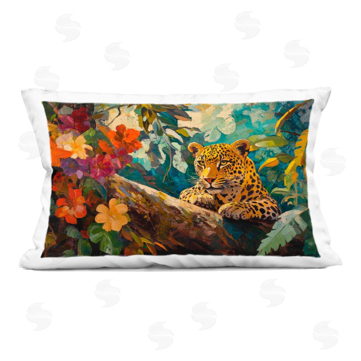 Petal Prints Design Perched Above Jungle Cat Indoor Printed Throw Pillow
