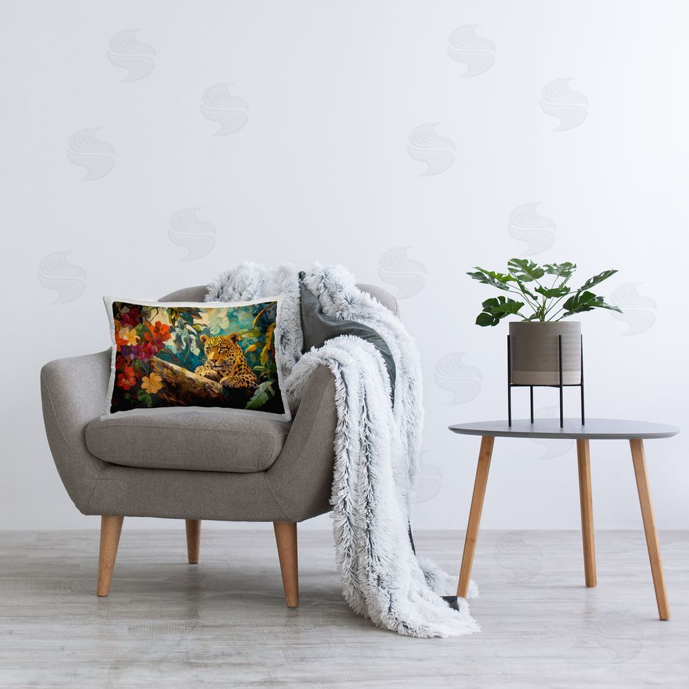 Petal Prints Design Perched Above Jungle Cat Printed Indoor Throw Pillow in Room