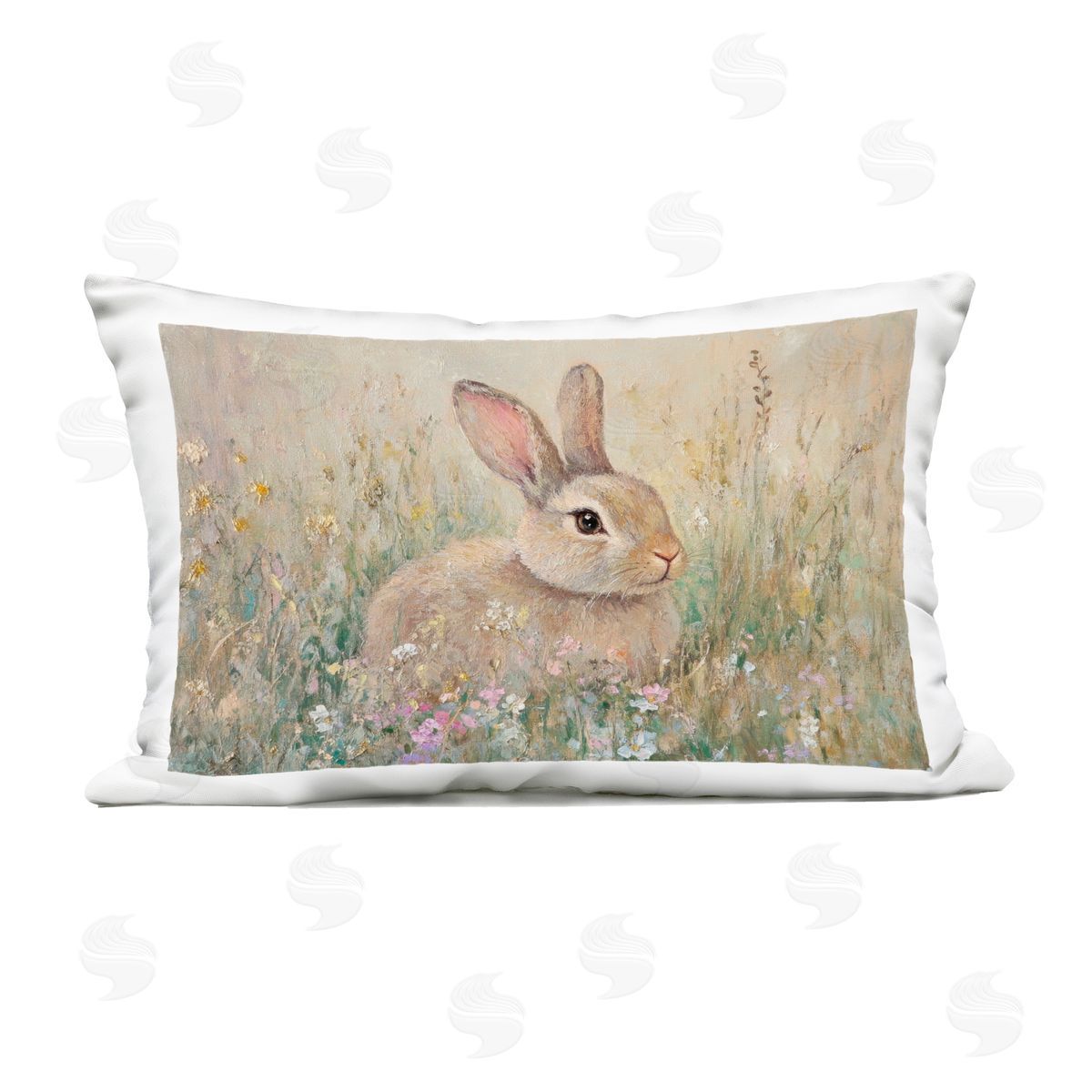Petal Prints Design Soft Color Rabbit in Meadow Outdoor Printed Throw Pillow