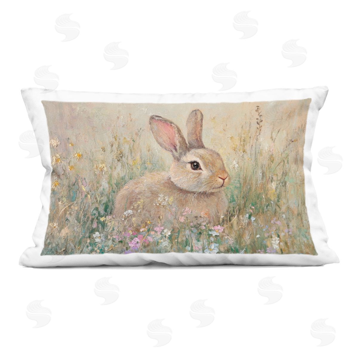 Petal Prints Design Soft Color Rabbit in Meadow Indoor Printed Throw Pillow
