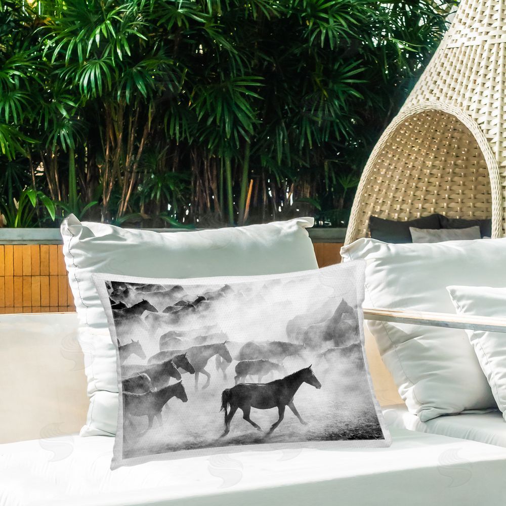 Sisi and Seb Dusty Road Horse Photograph Outdoor Printed Throw Pillow on Patio