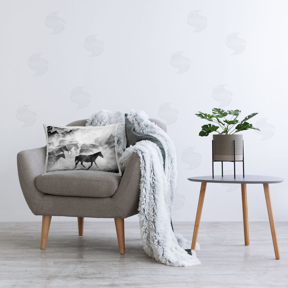 Sisi and Seb Dusty Road Horse Photograph Printed Indoor Throw Pillow in Room