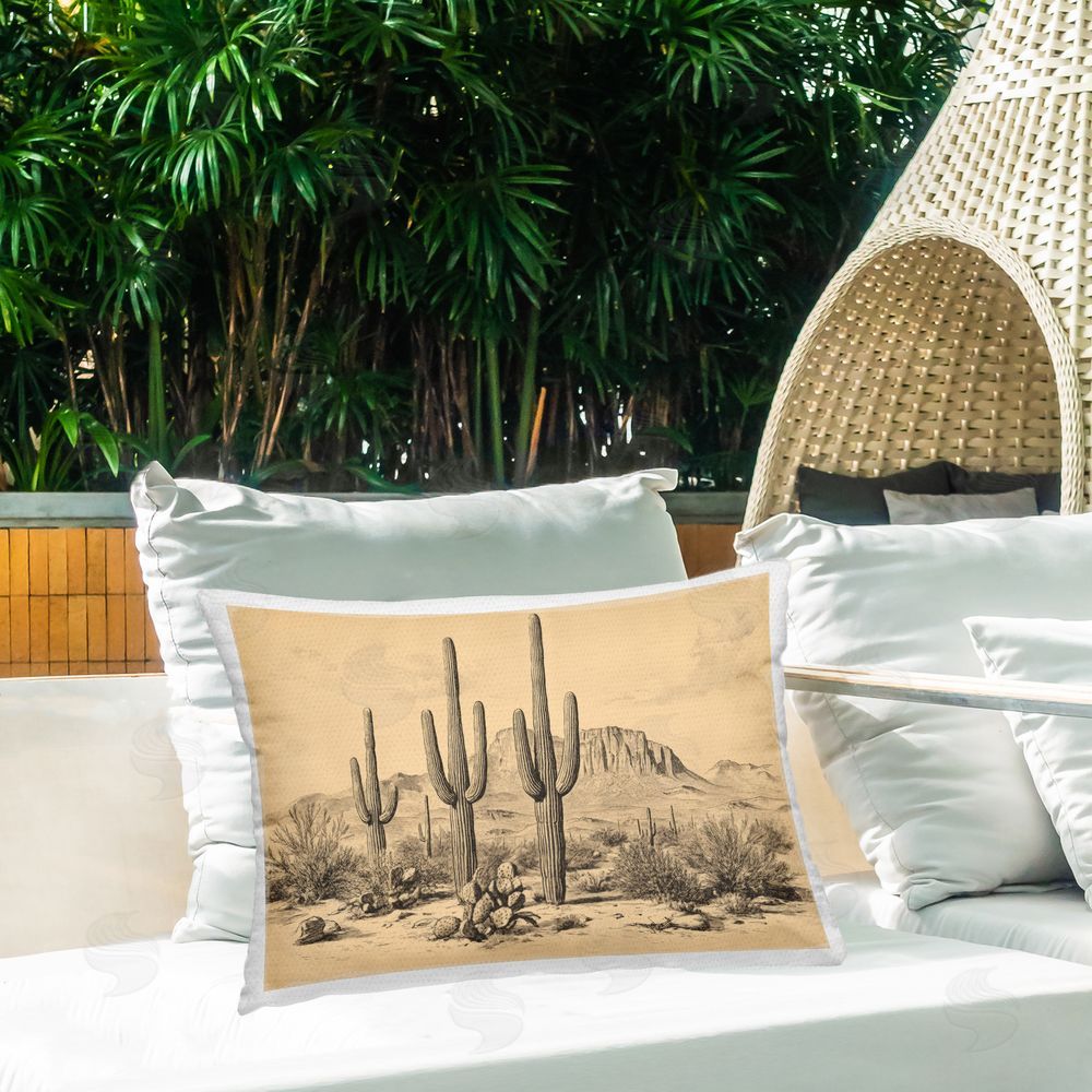 Petal Prints Design Cactus Desert Vintage Landscape Outdoor Printed Throw Pillow on Patio