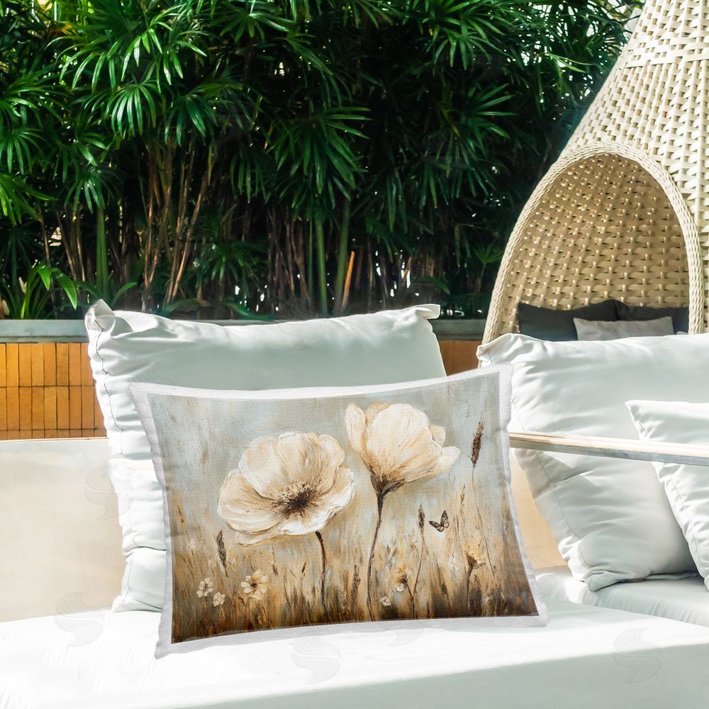 Petal Prints Design White Wildflowers Brown Meadow Outdoor Printed Throw Pillow on Patio