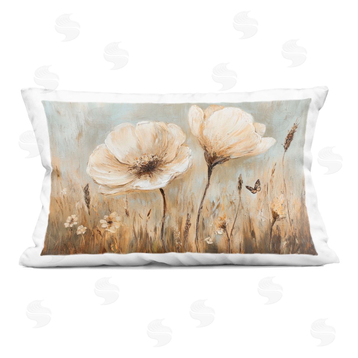 Petal Prints Design White Wildflowers Brown Meadow Indoor Printed Throw Pillow
