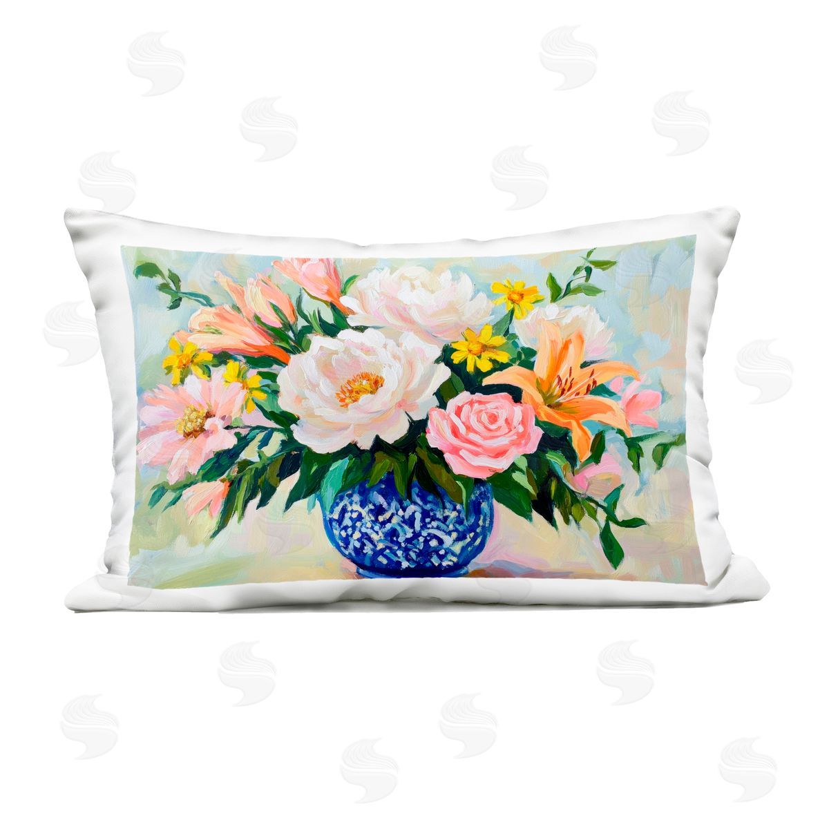 Petal Prints Design Indigo Chinoiserie with Assorted Flowers Outdoor Printed Throw Pillow