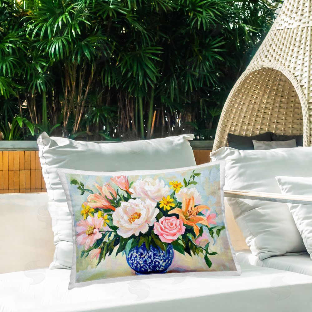 Petal Prints Design Indigo Chinoiserie with Assorted Flowers Outdoor Printed Throw Pillow on Patio