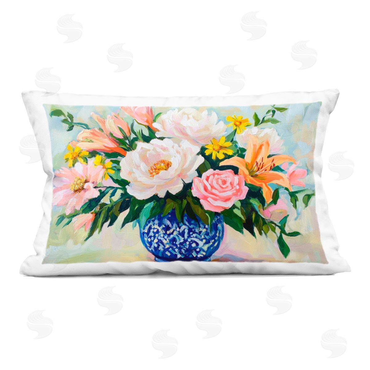 Petal Prints Design Indigo Chinoiserie with Assorted Flowers Indoor Printed Throw Pillow