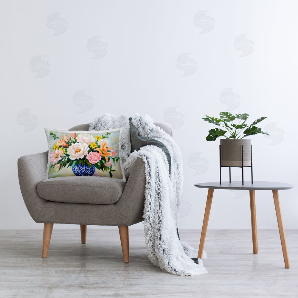 Petal Prints Design Indigo Chinoiserie with Assorted Flowers Printed Indoor Throw Pillow in Room