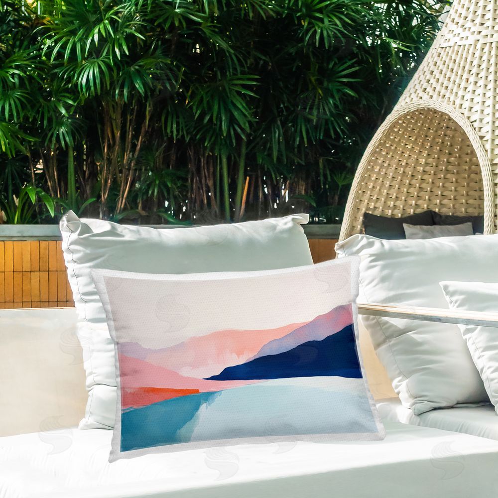 Petal Prints Design Minimalist Landscape Blue and Pink Outdoor Printed Throw Pillow on Patio