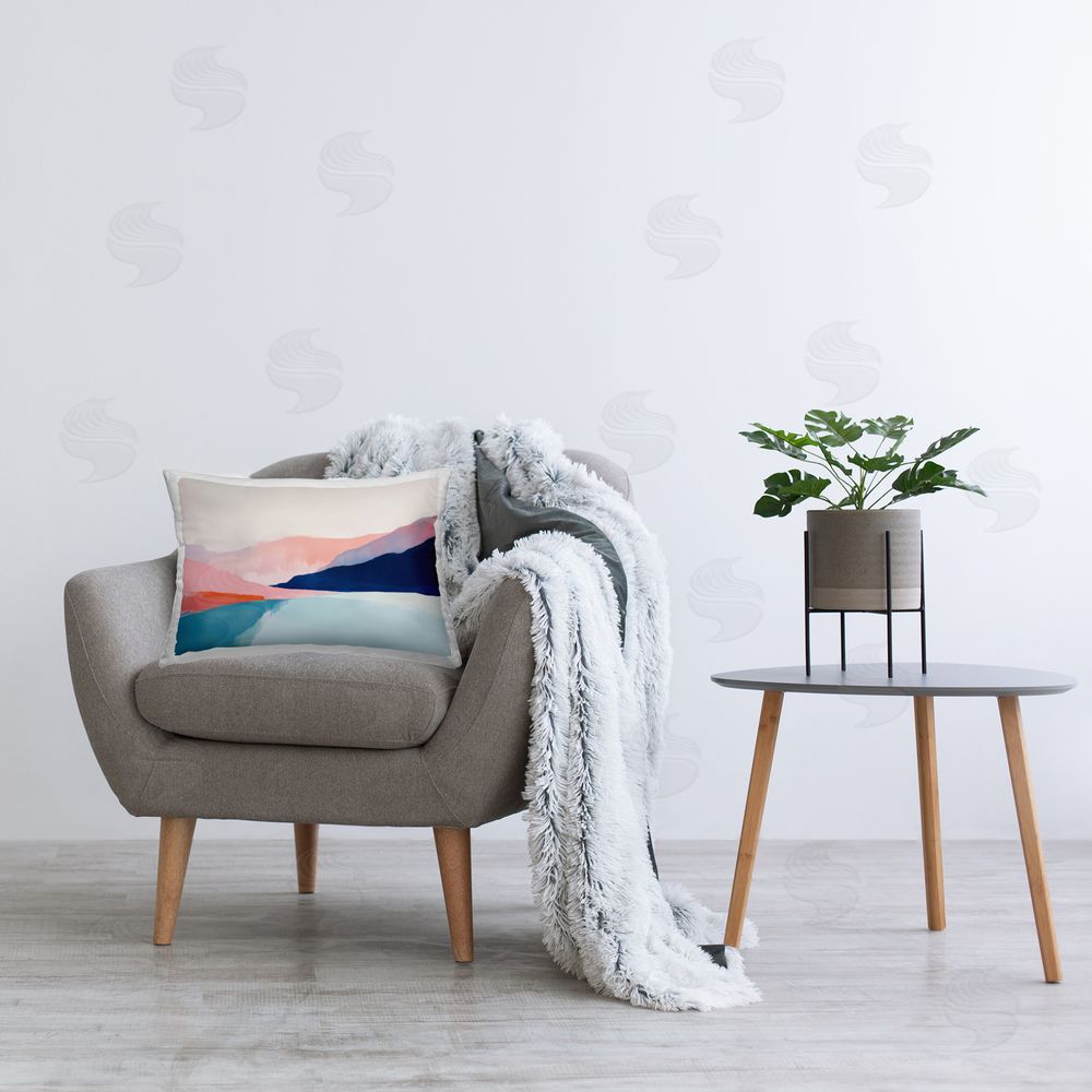 Petal Prints Design Minimalist Landscape Blue and Pink Printed Indoor Throw Pillow in Room
