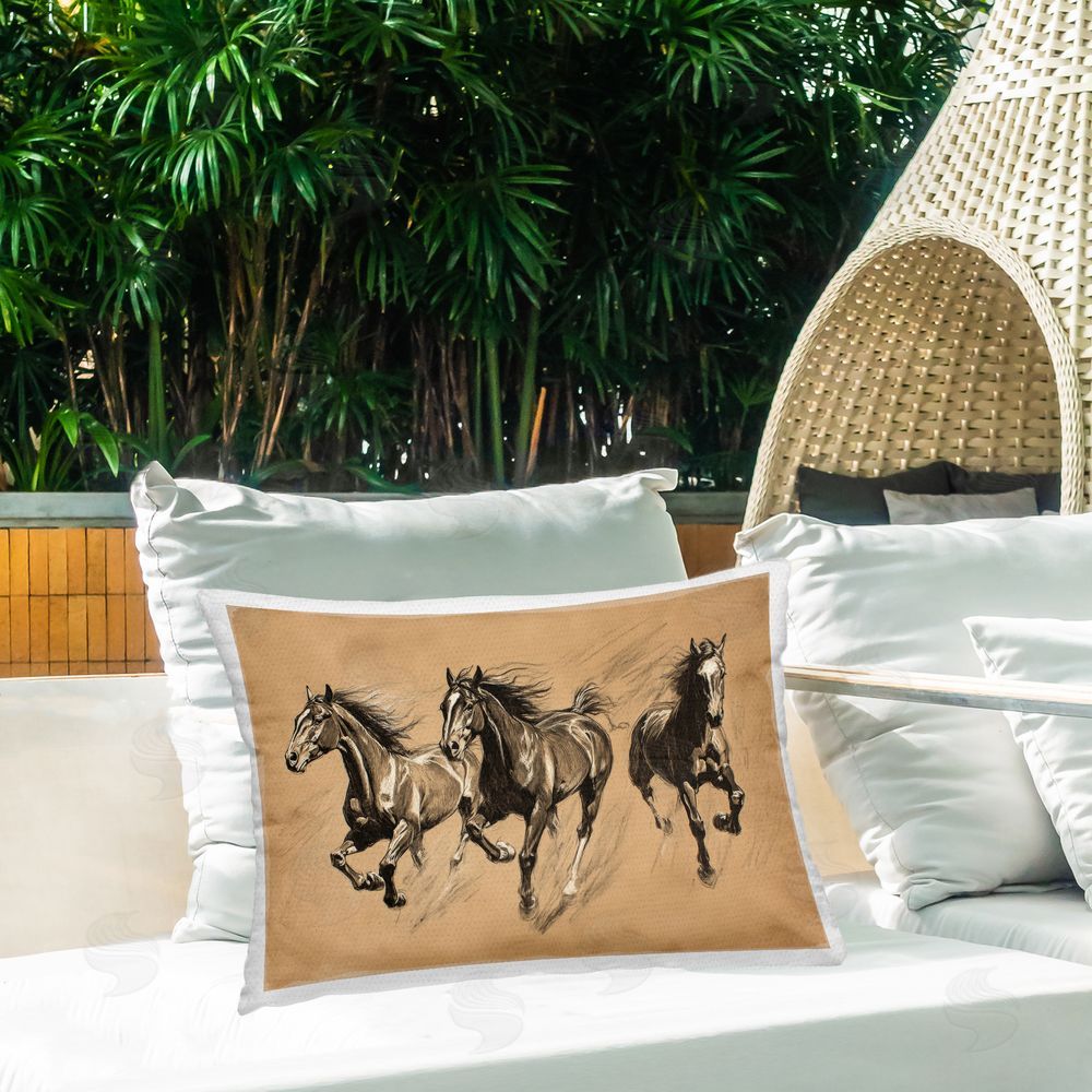 Petal Prints Design Running Free Horse Trio Outdoor Printed Throw Pillow on Patio