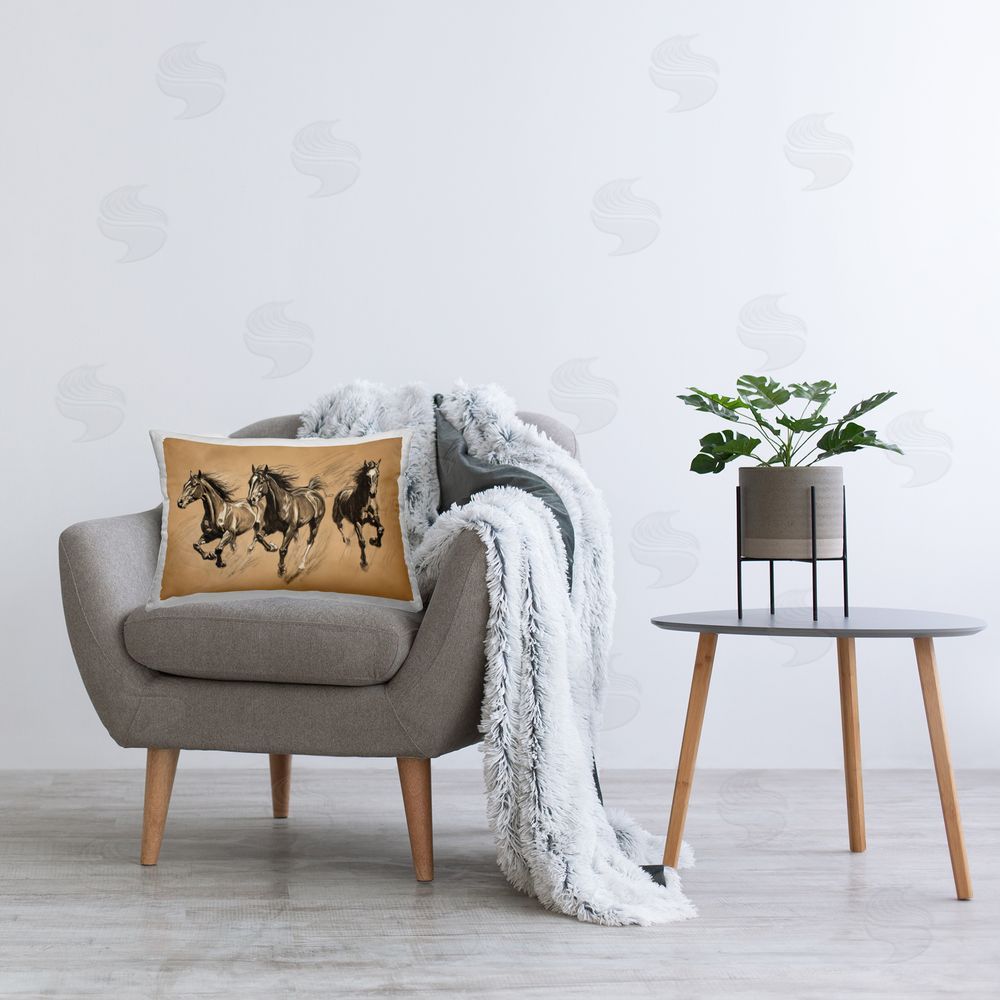 Petal Prints Design Running Free Horse Trio Printed Indoor Throw Pillow in Room
