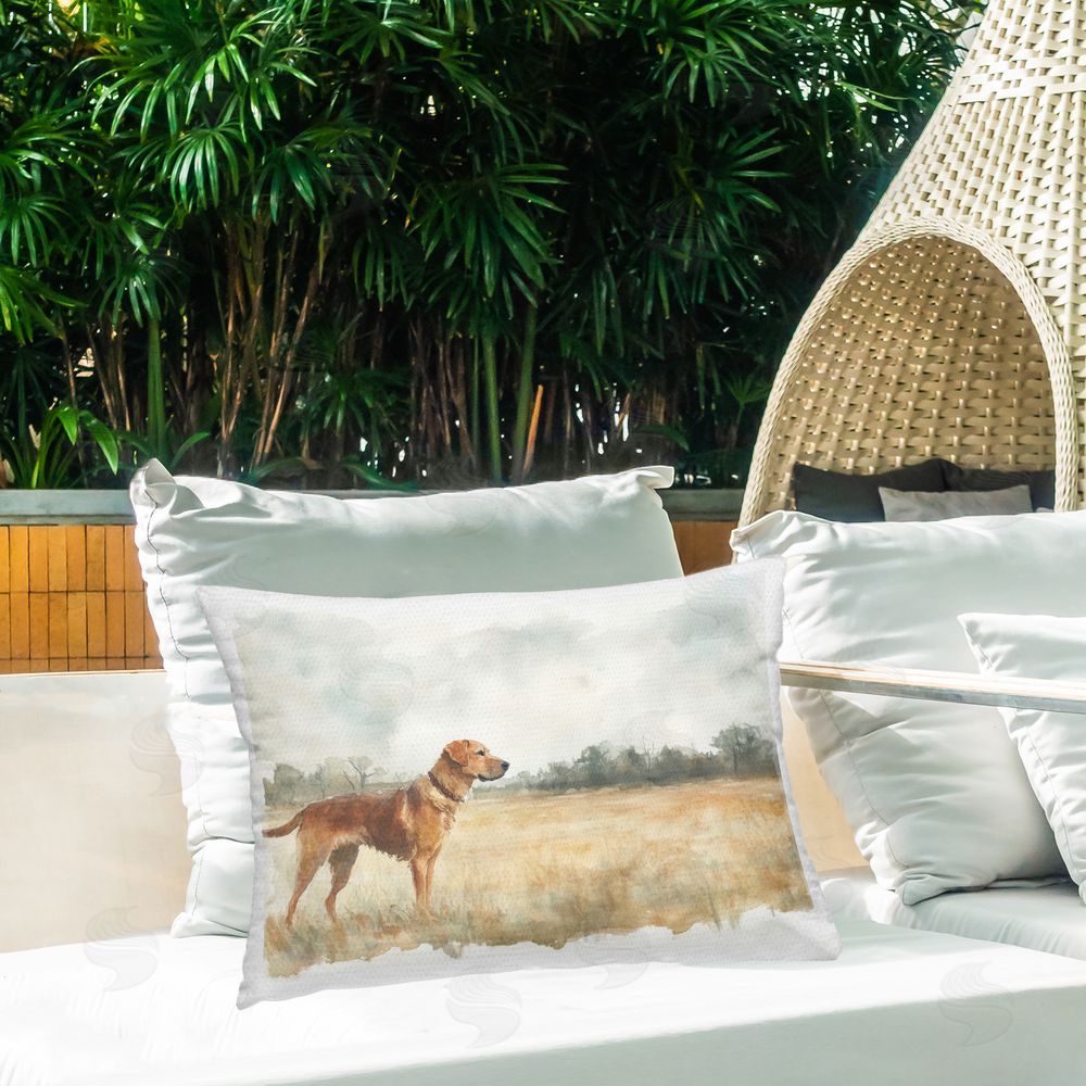 Petal Prints Design Retriever Dog in Open Field Outdoor Printed Throw Pillow on Patio