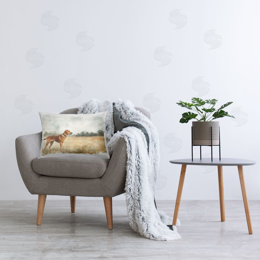 Petal Prints Design Retriever Dog in Open Field Printed Indoor Throw Pillow in Room