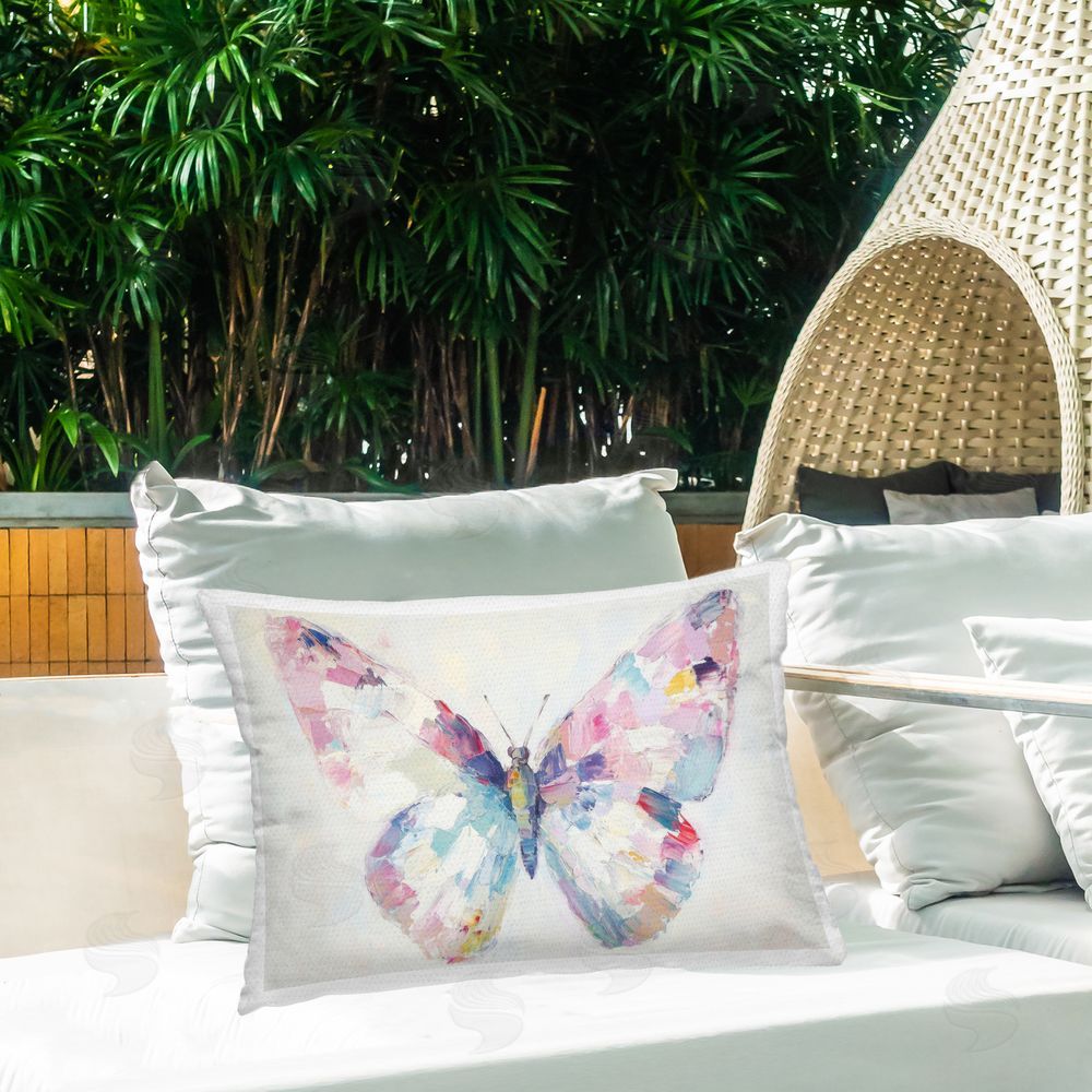 Petal Prints Design Jeweled Butterfly over Off-White Outdoor Printed Throw Pillow on Patio