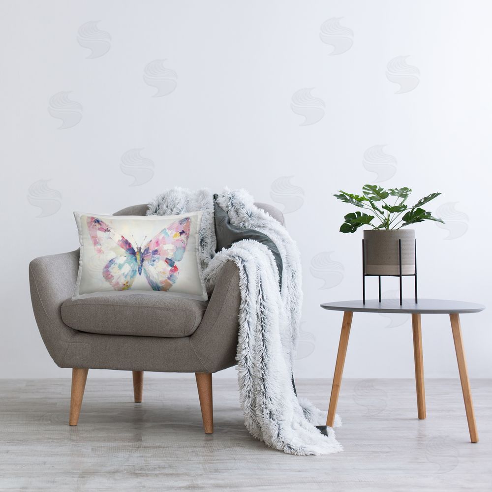Petal Prints Design Jeweled Butterfly over Off-White Printed Indoor Throw Pillow in Room