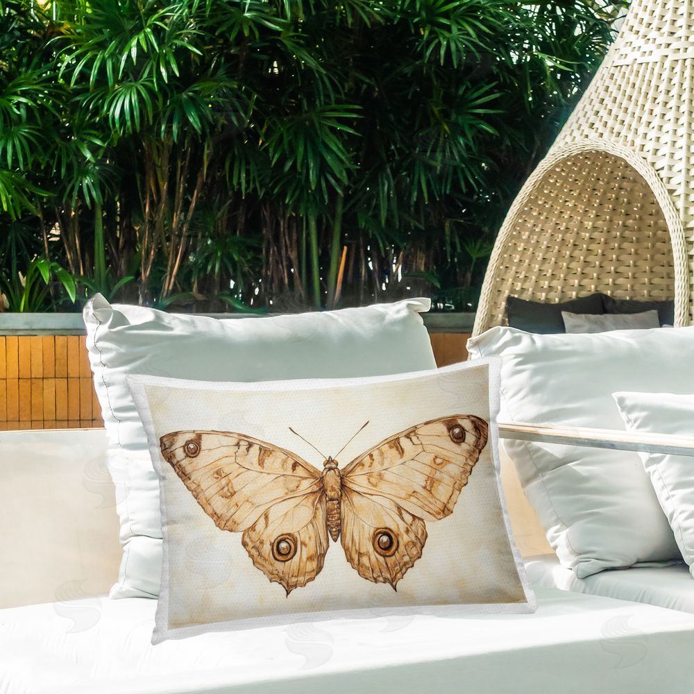 Petal Prints Design Sepia Moth Vintage Illustration Outdoor Printed Throw Pillow on Patio