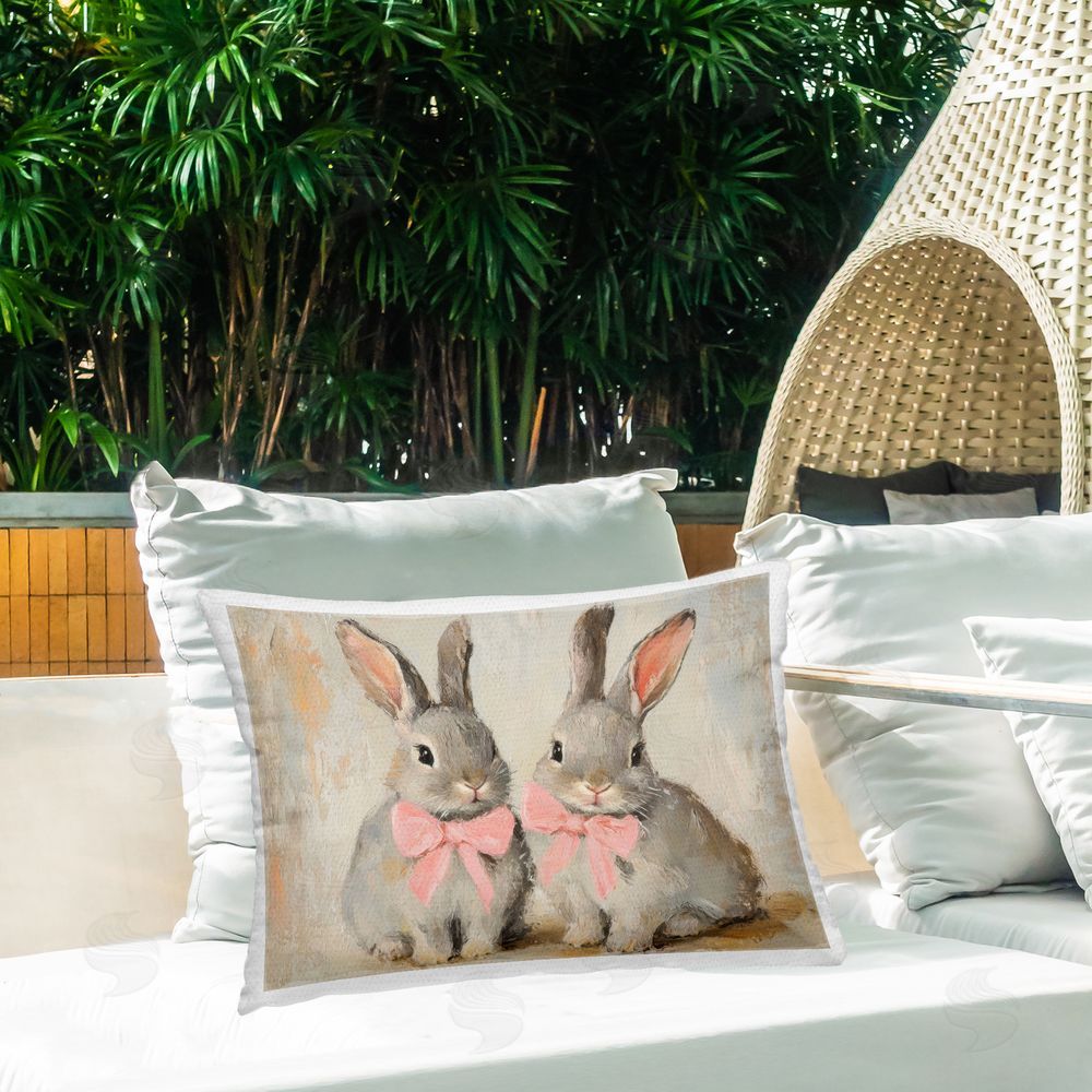 Petal Prints Design Bunnies in Pink Bows Outdoor Printed Throw Pillow on Patio