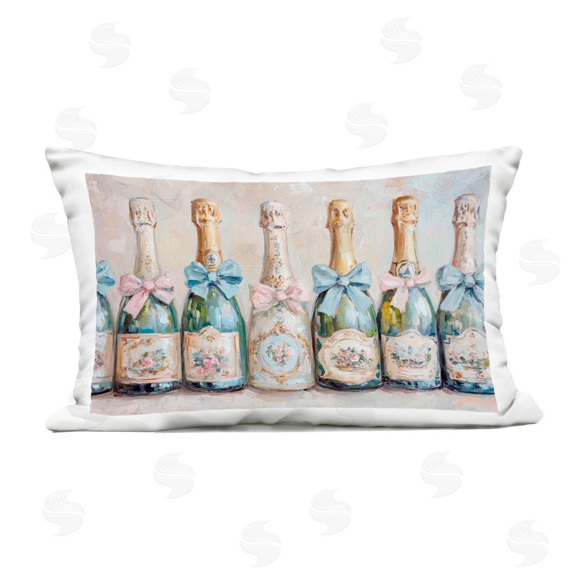 Petal Prints Design Victorian Bow Champagne Bottles Outdoor Printed Throw Pillow