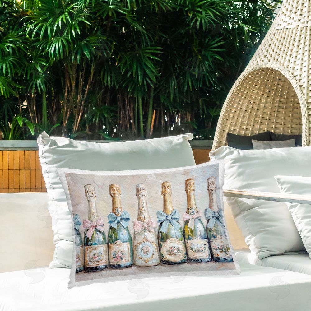 Petal Prints Design Victorian Bow Champagne Bottles Outdoor Printed Throw Pillow on Patio