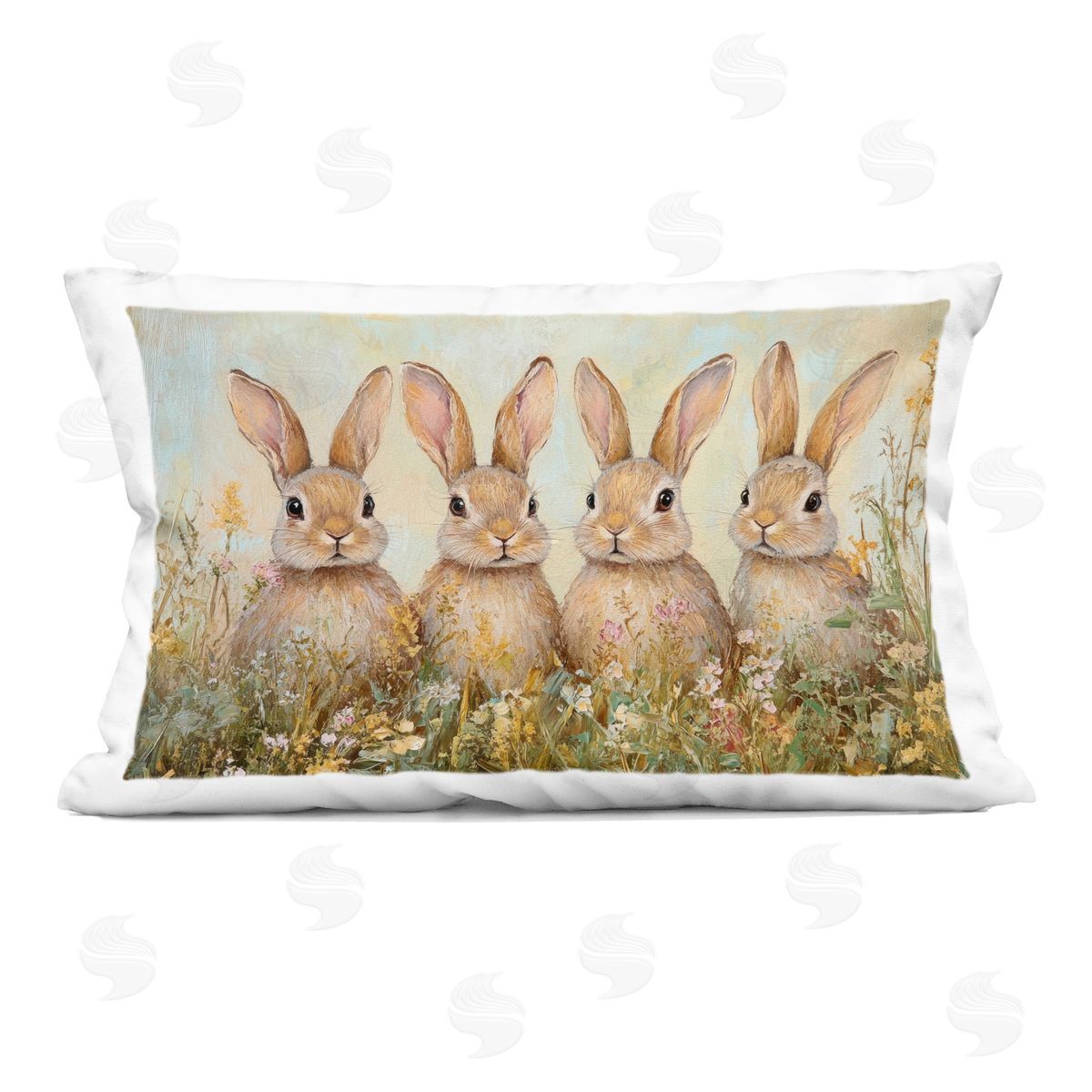 Petal Prints Design Four Bunnies in Flowers Indoor Printed Throw Pillow