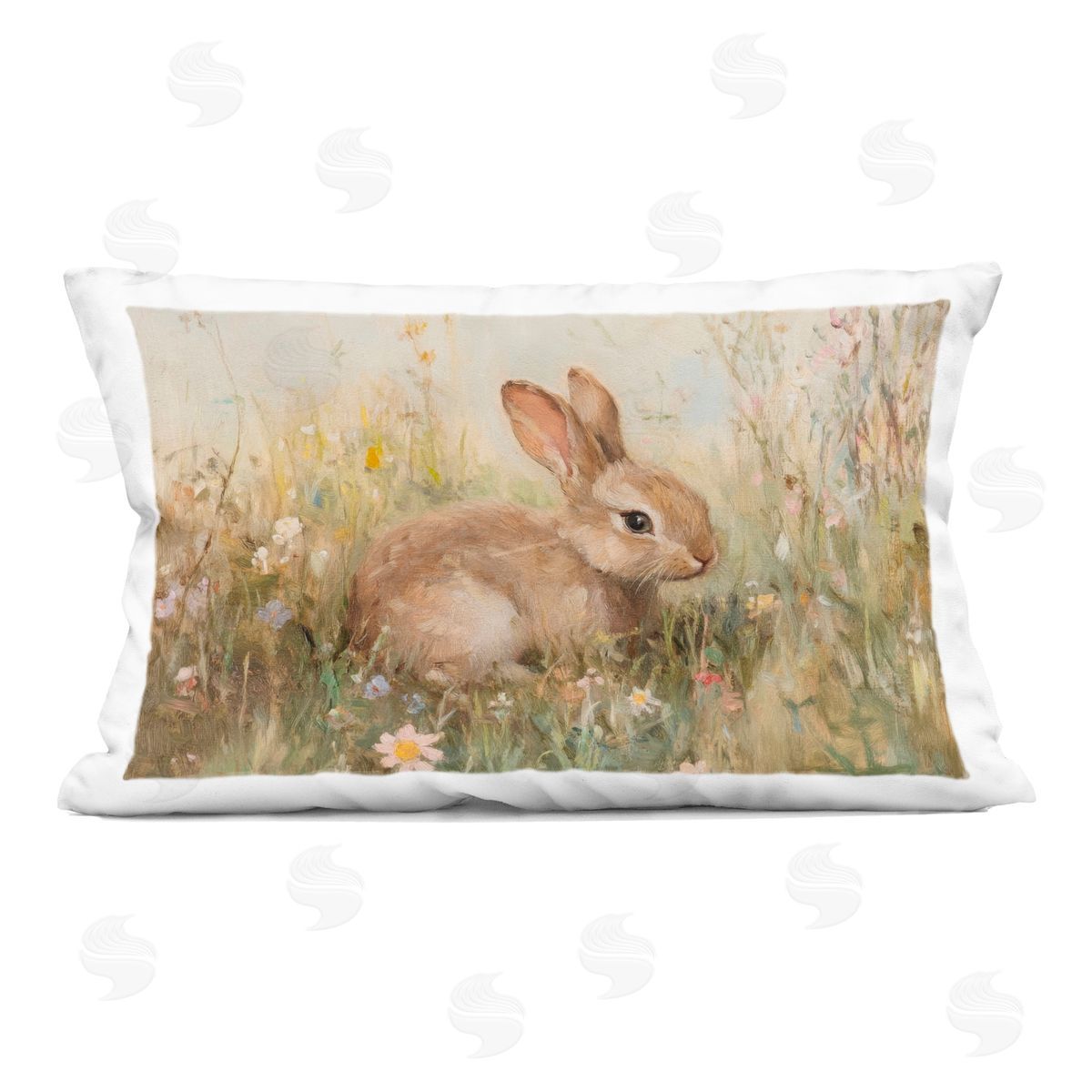 Petal Prints Design Brown Bunny in Flower Meadow Indoor Printed Throw Pillow