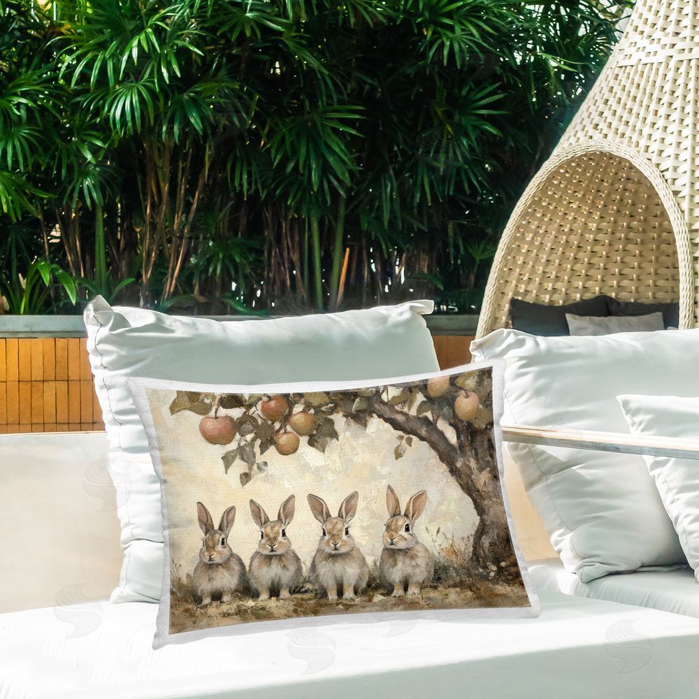 Petal Prints Design Autumn Bunnies & Apples Outdoor Printed Throw Pillow on Patio