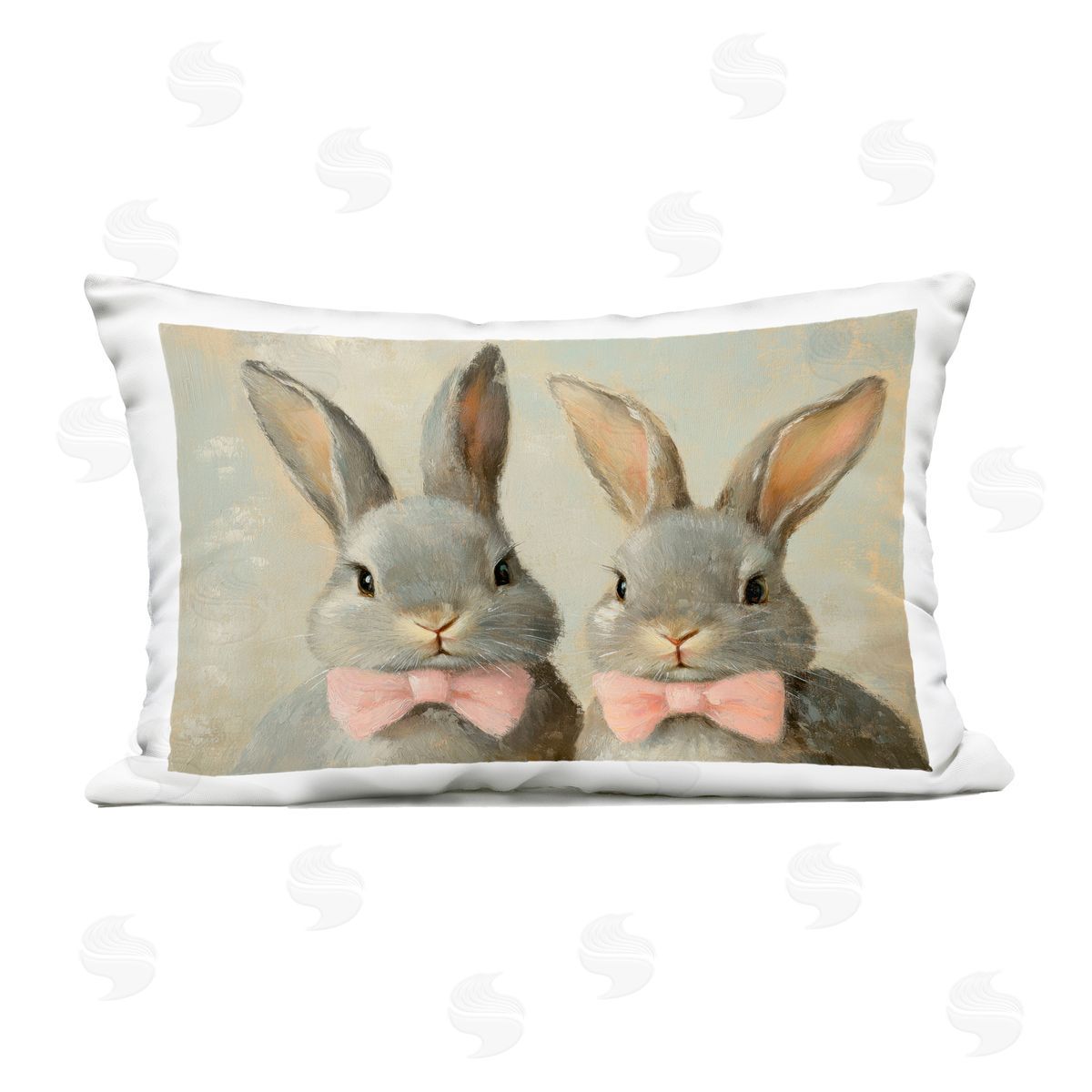 Petal Prints Design Pink Bowtie Bunny Pair Outdoor Printed Throw Pillow