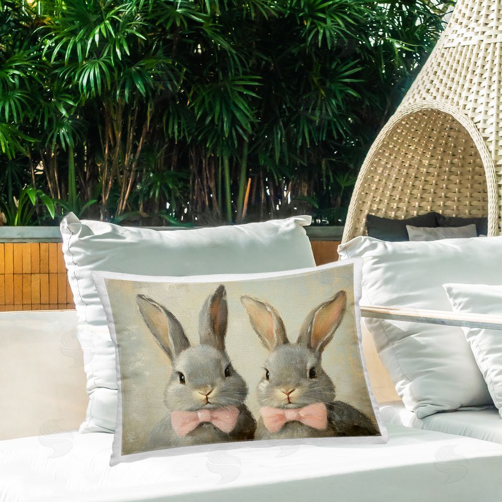 Petal Prints Design Pink Bowtie Bunny Pair Outdoor Printed Throw Pillow on Patio