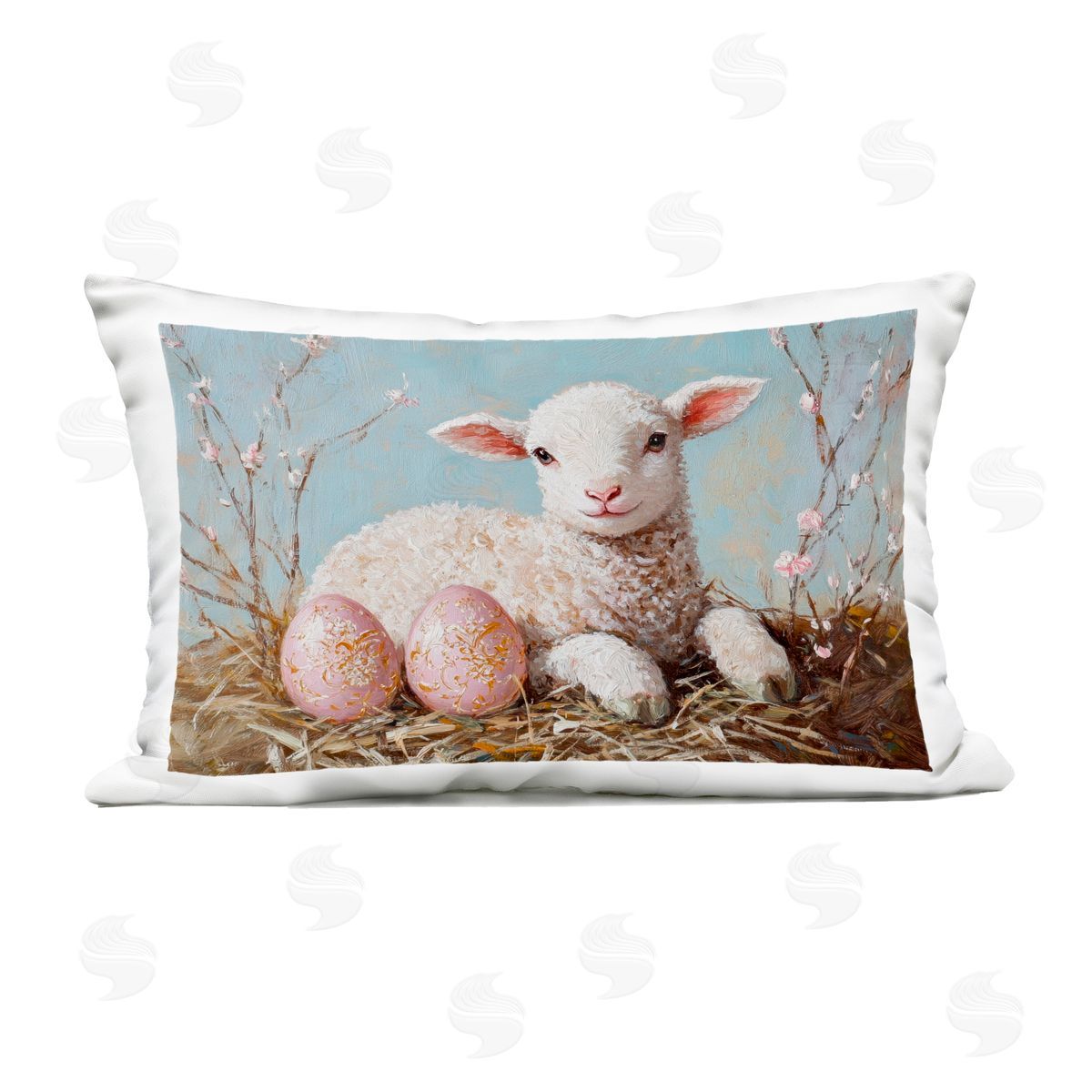 Petal Prints Design Easter Lamb and Easter Eggs Outdoor Printed Throw Pillow