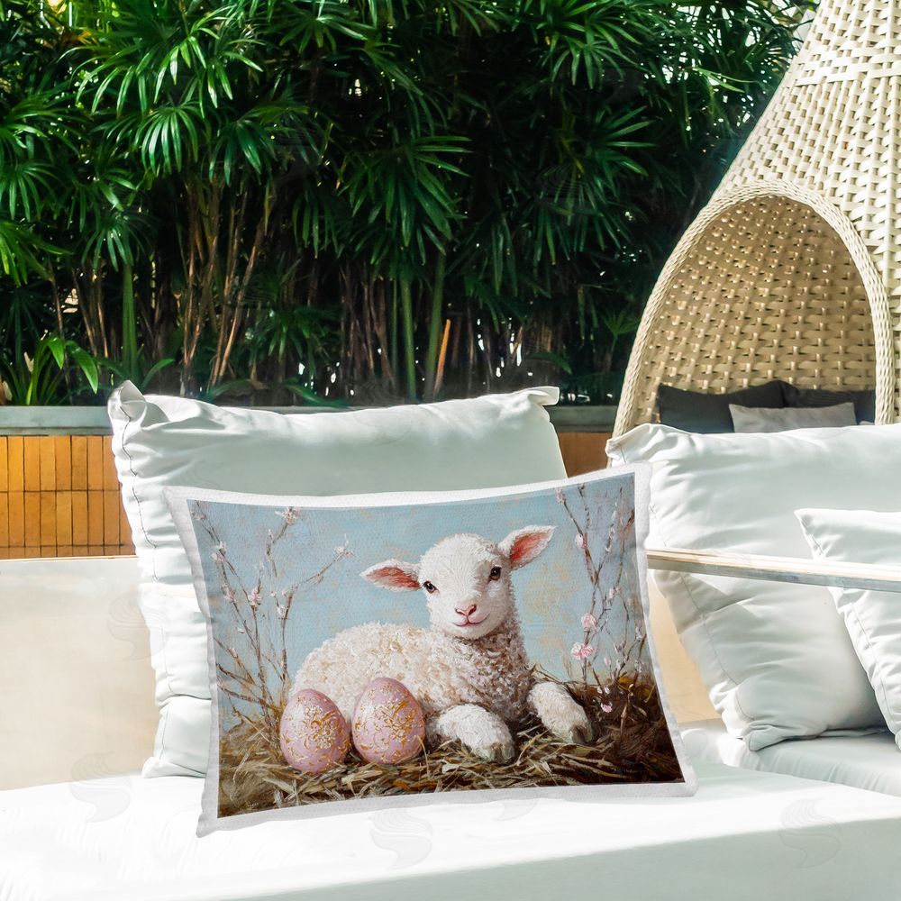 Petal Prints Design Easter Lamb and Easter Eggs Outdoor Printed Throw Pillow on Patio