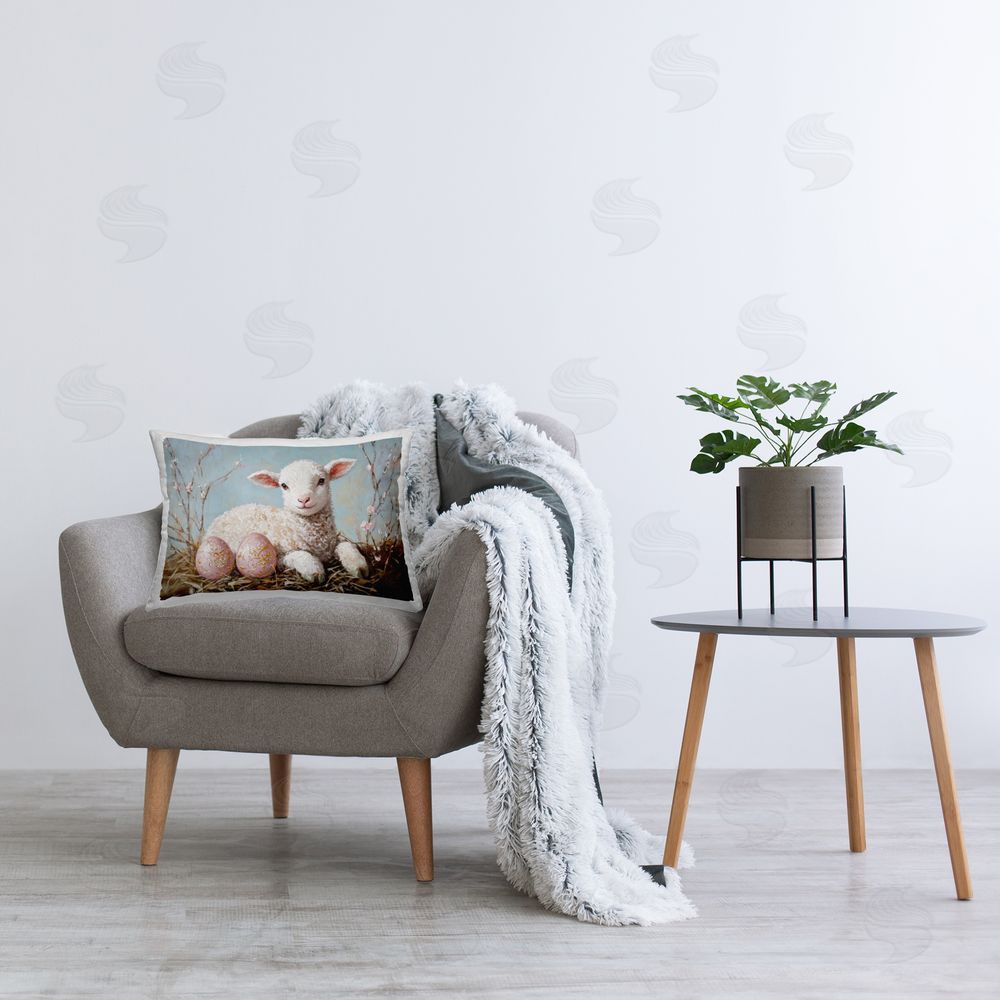Petal Prints Design Easter Lamb and Easter Eggs Printed Indoor Throw Pillow in Room