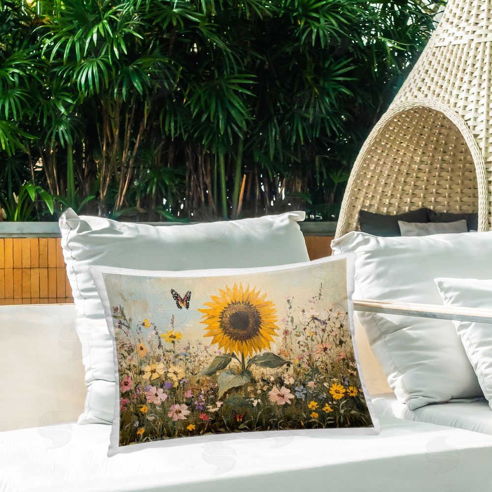 Petal Prints Design Sunflower Wonder Summer Meadow Outdoor Printed Throw Pillow on Patio