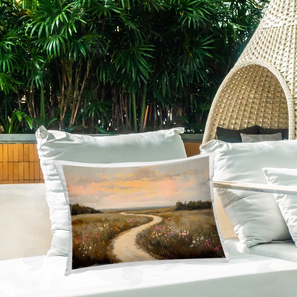 Franklyn Gregory Path To Sunset View Outdoor Printed Throw Pillow on Patio