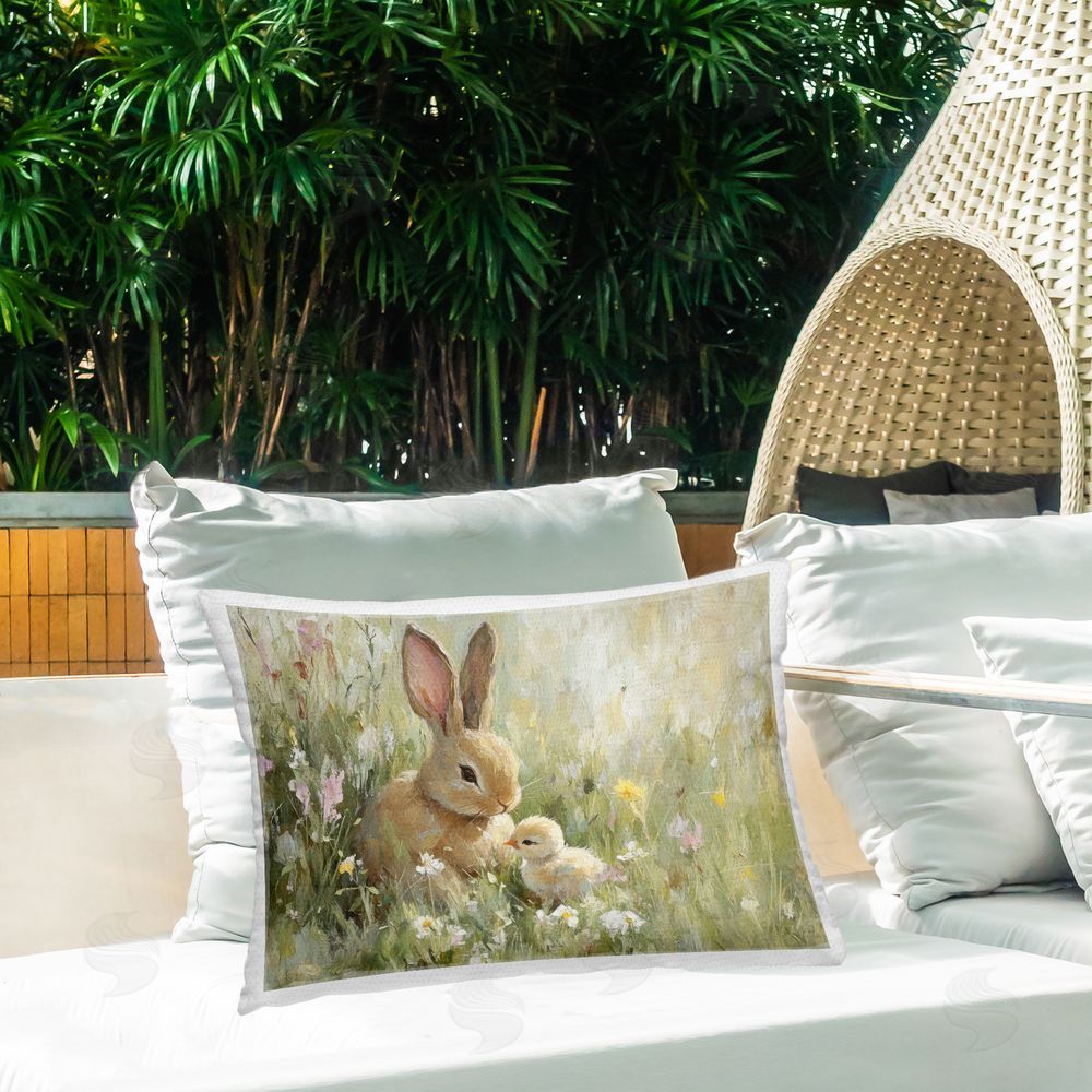 Petal Prints Design Sun Bathed Easter Babies Outdoor Printed Throw Pillow on Patio