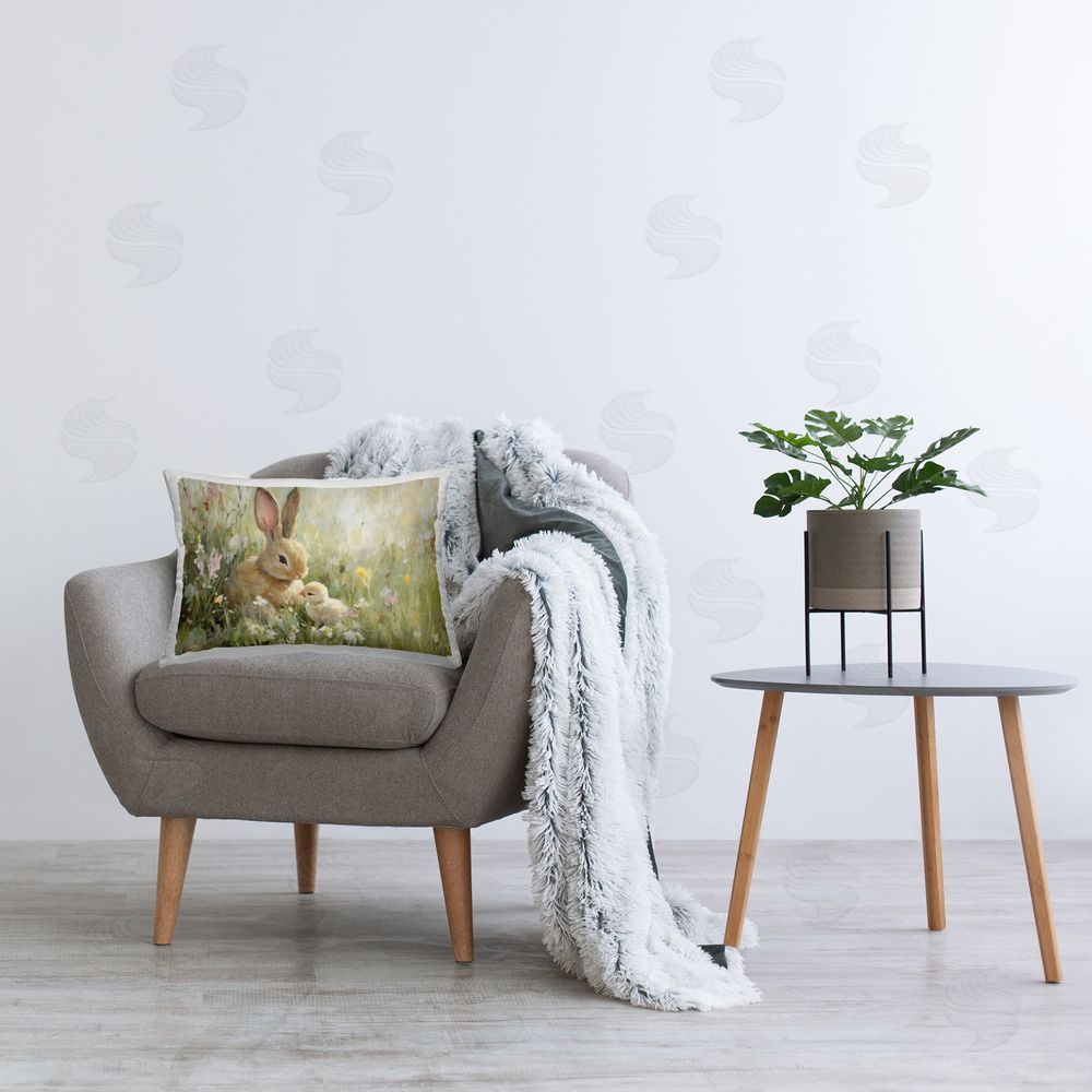 Petal Prints Design Sun Bathed Easter Babies Printed Indoor Throw Pillow in Room