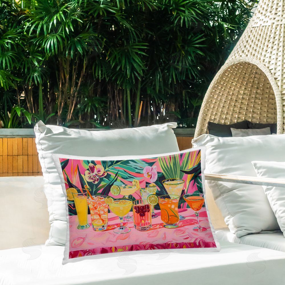 LSR Design Studio Tropical Pink Cocktail Party Outdoor Printed Throw Pillow on Patio