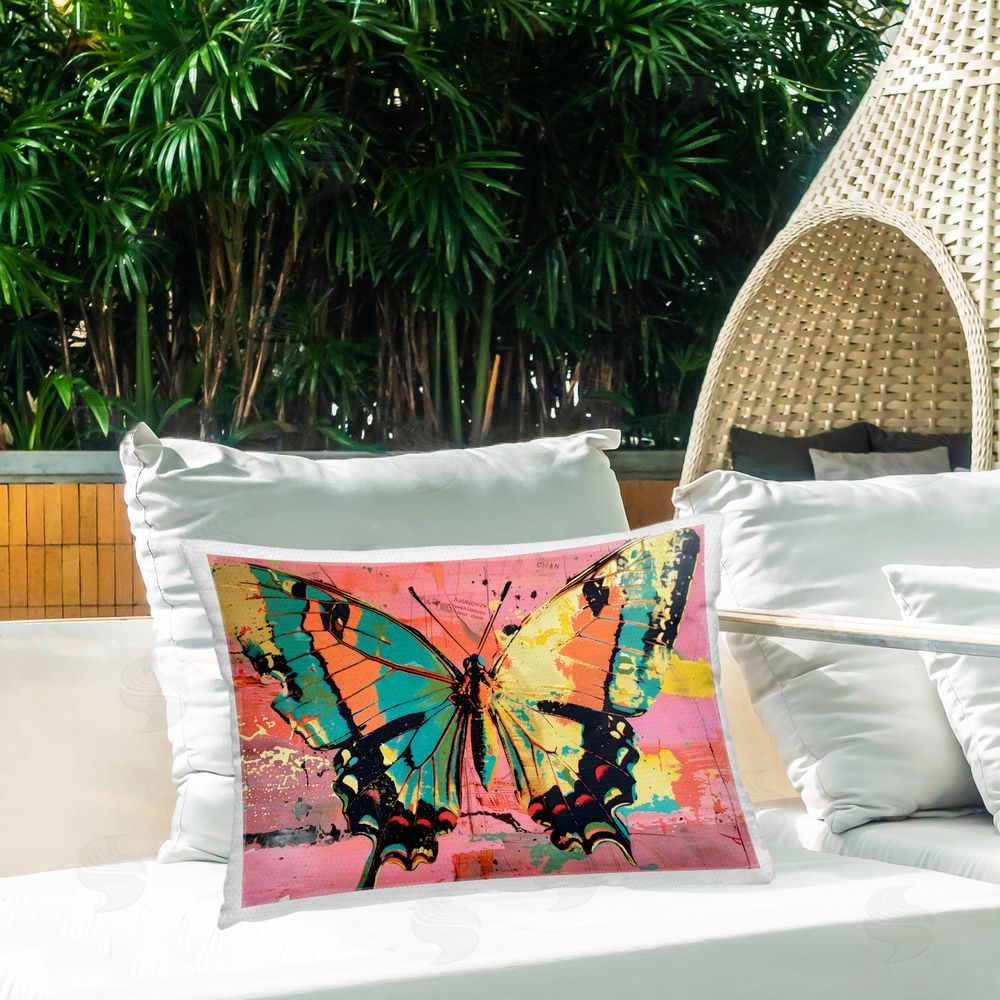 LSR Design Studio Retro Butterfly over Abstract Pink Outdoor Printed Throw Pillow on Patio