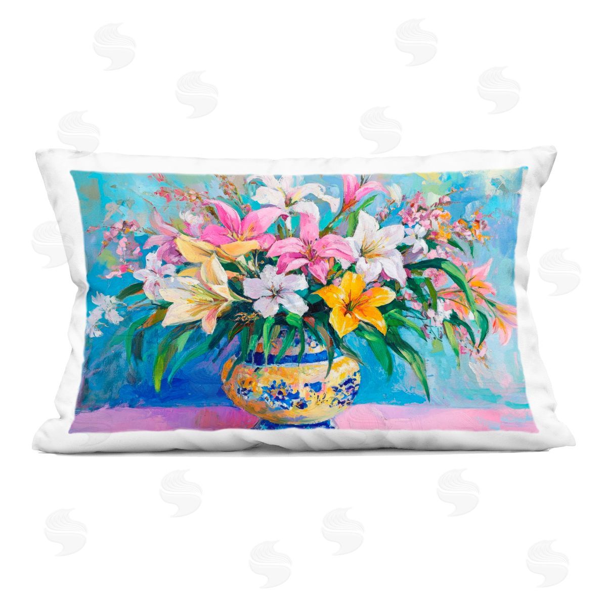 Petal Prints Design Bold Lilies over Blue Indoor Printed Throw Pillow