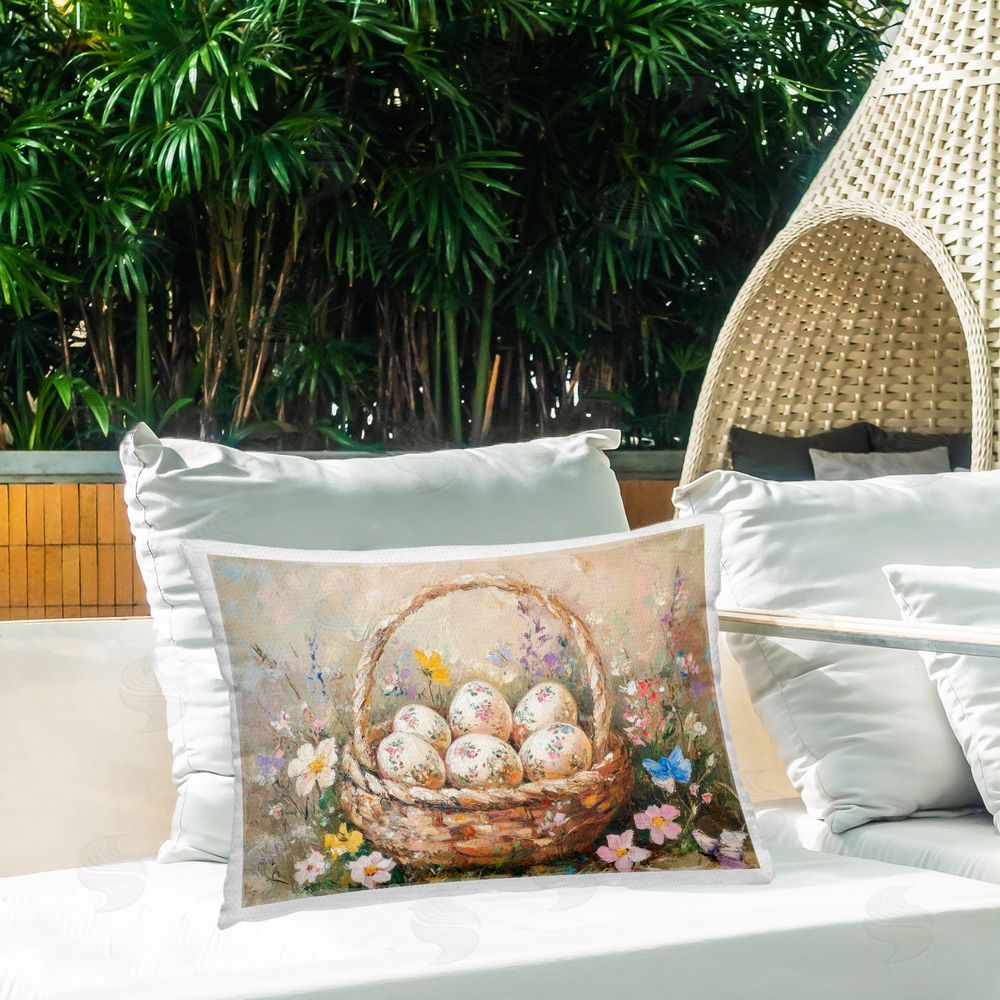 Petal Prints Design Vintage Chinoiserie Easter Eggs Outdoor Printed Throw Pillow on Patio
