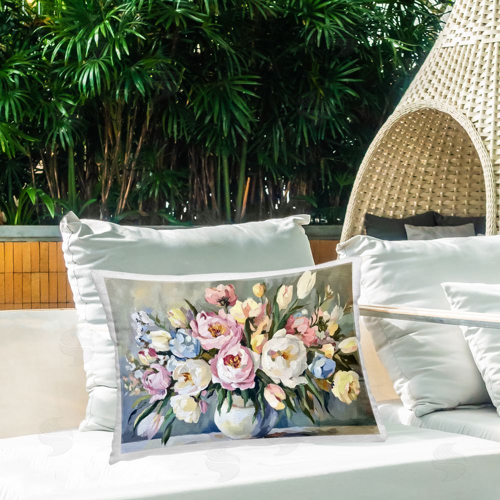 Petal Prints Design Pastel Peony Bunch Bouquet Outdoor Printed Throw Pillow on Patio