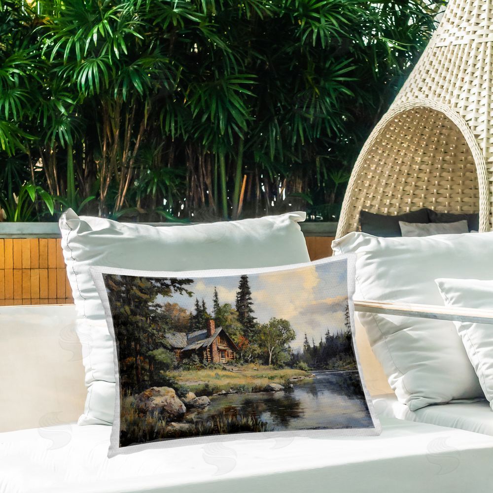 Franklyn Gregory Creek Cabin Woodland View Outdoor Printed Throw Pillow on Patio