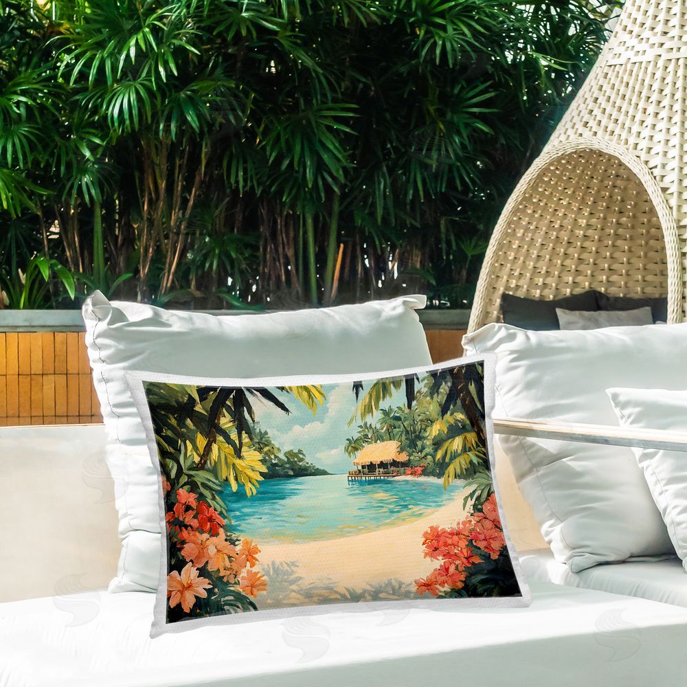 Franklyn Gregory Tropical Bungalow Lagoon Outdoor Printed Throw Pillow on Patio