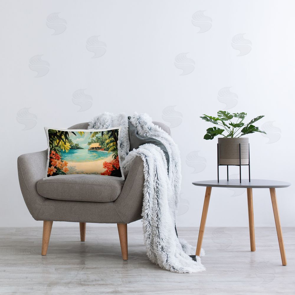 Franklyn Gregory Tropical Bungalow Lagoon Printed Indoor Throw Pillow in Room