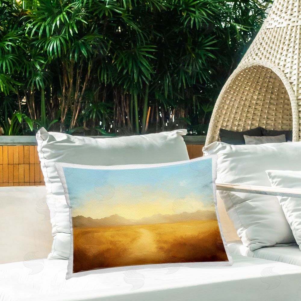 Gina Kelly Gold Desert Valley Landscape Outdoor Printed Throw Pillow on Patio